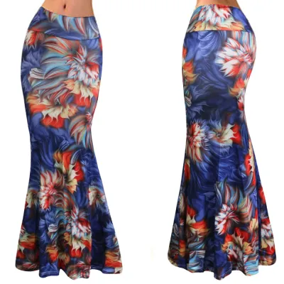 Summer Women Casual High Waist Stretch Stripe Floral Print Skirt