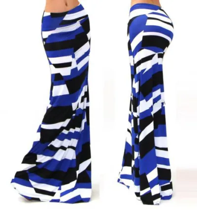 Summer Women Casual High Waist Stretch Stripe Floral Print Skirt