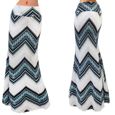 Summer Women Casual High Waist Stretch Stripe Floral Print Skirt