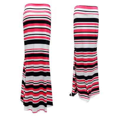 Summer Women Casual High Waist Stretch Stripe Floral Print Skirt