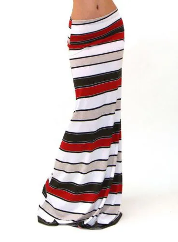 Summer Women Casual High Waist Stretch Stripe Floral Print Skirt