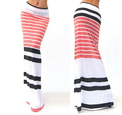 Summer Women Casual High Waist Stretch Stripe Floral Print Skirt