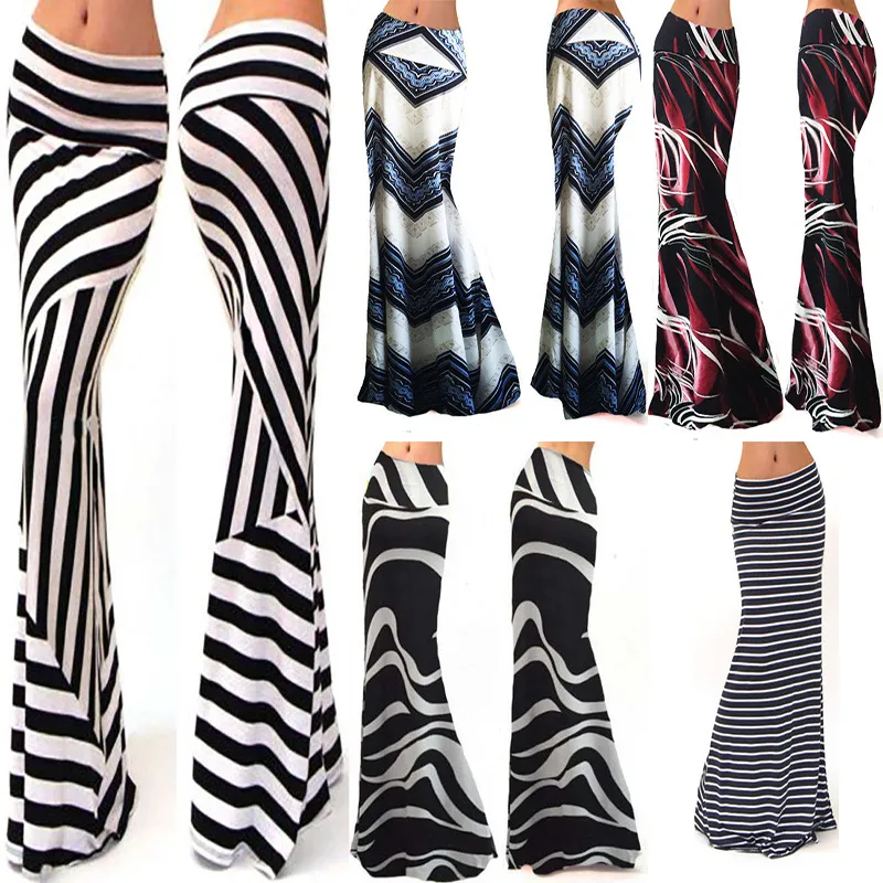 Summer Women Casual High Waist Stretch Stripe Floral Print Skirt