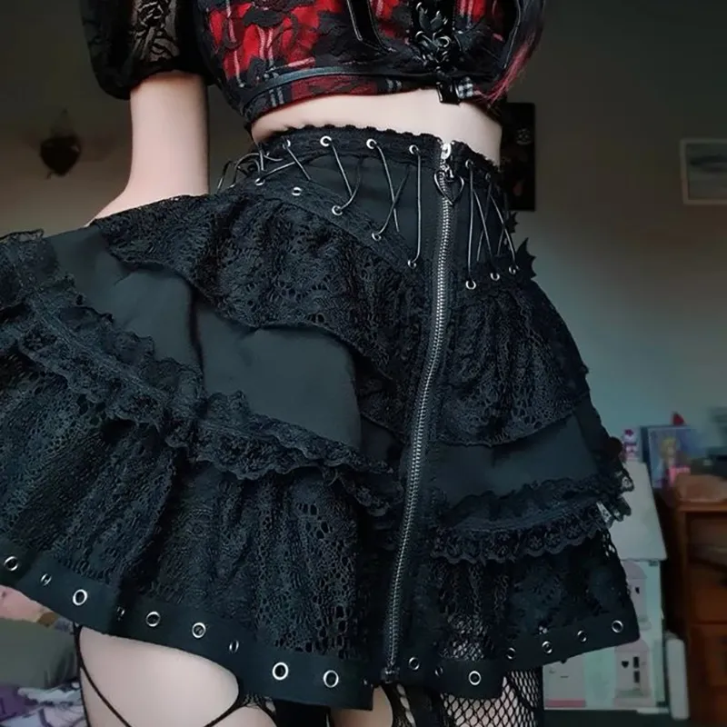 Summer Women Dark Gothic Lace Stitching Drawstring Strap Skirt