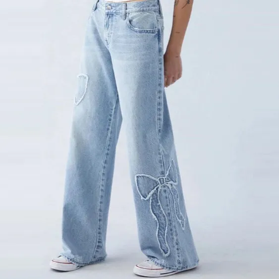 Women Fashion Side Butterfly Embroidered Loose Straight Jeans