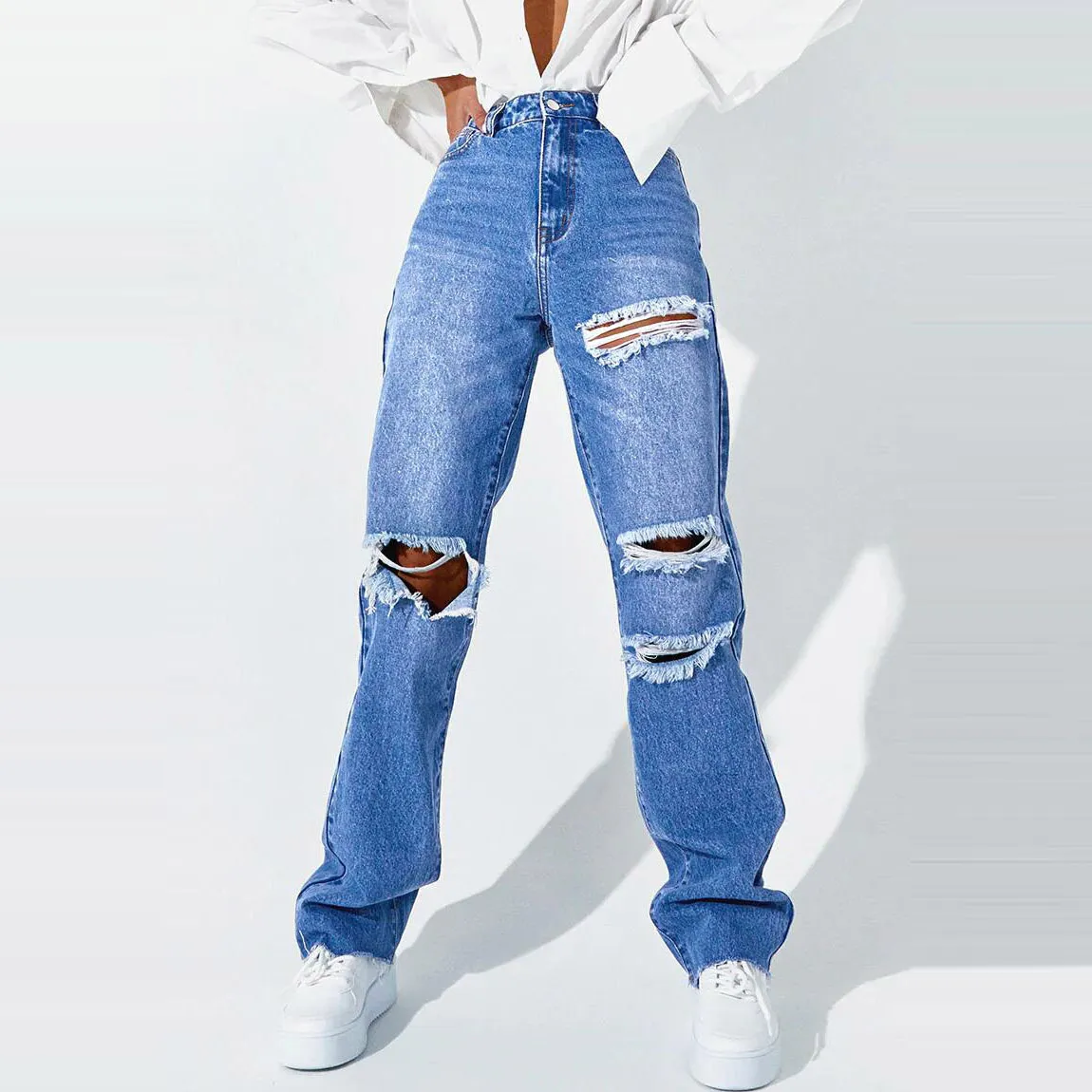 Women Fashion High Waist Ripped Jeans