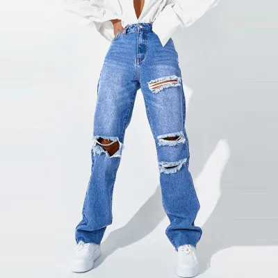 Women Fashion High Waist Ripped Jeans
