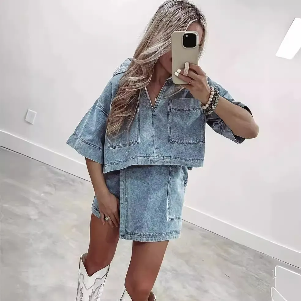 Summer Women Casual Denim Polo Top Irregular Culottes Two-Piece Set