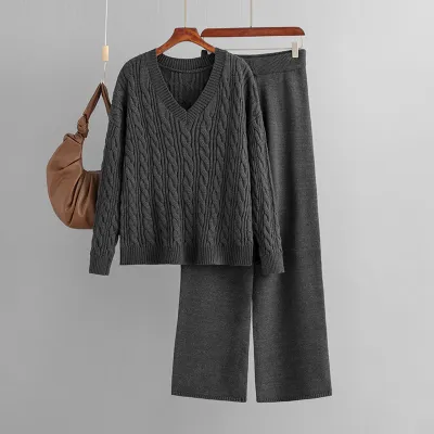 Women Winter Fashion Solid Color Sweater And Knit Wide Leg Pants Two-Piece Set