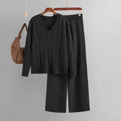 Women Winter Fashion Solid Color Sweater And Knit Wide Leg Pants Two-Piece Set