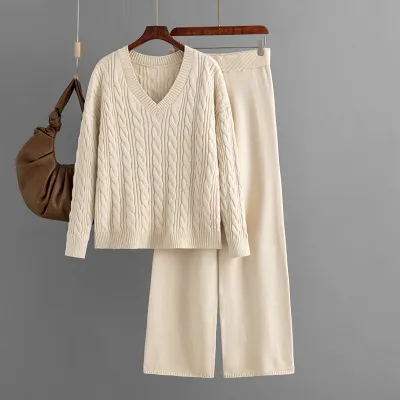 Women Winter Fashion Solid Color Sweater And Knit Wide Leg Pants Two-Piece Set