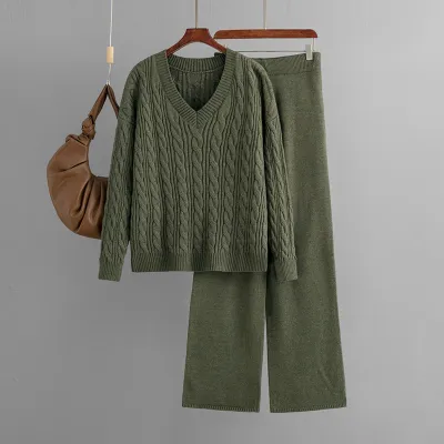 Women Winter Fashion Solid Color Sweater And Knit Wide Leg Pants Two-Piece Set