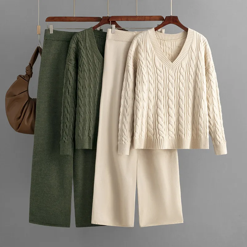 Women Winter Fashion Solid Color Sweater And Knit Wide Leg Pants Two-Piece Set