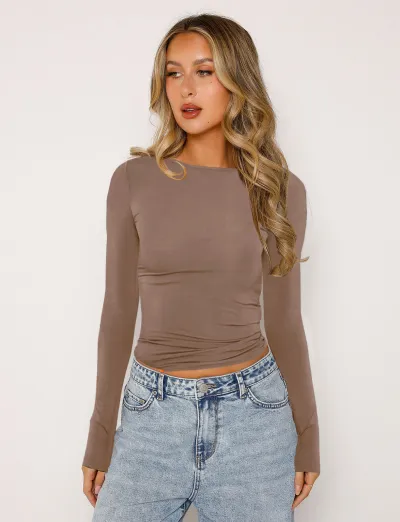Women Slim Fit Street Hipster Long Sleeve Solid Color Crewneck T-Shirt