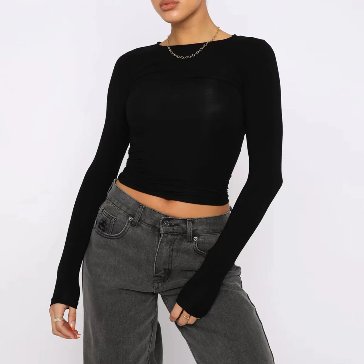 Women Slim Fit Street Hipster Long Sleeve Solid Color Crewneck T-Shirt