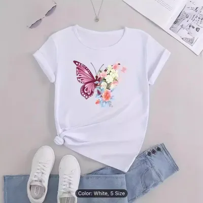 Women Fashion Butterfly Floral Print Round Neck Short Sleeve T-Shirt