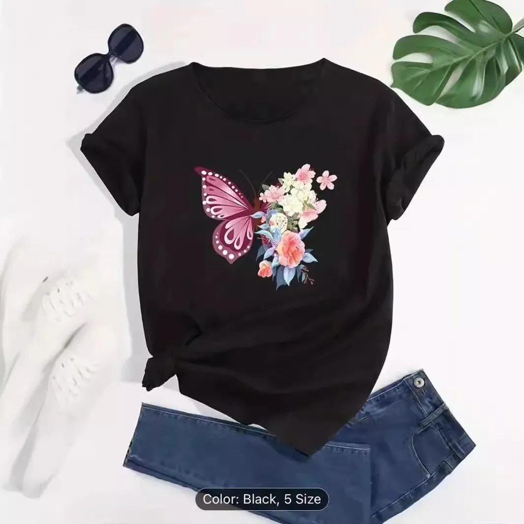 Women Fashion Butterfly Floral Print Round Neck Short Sleeve T-Shirt
