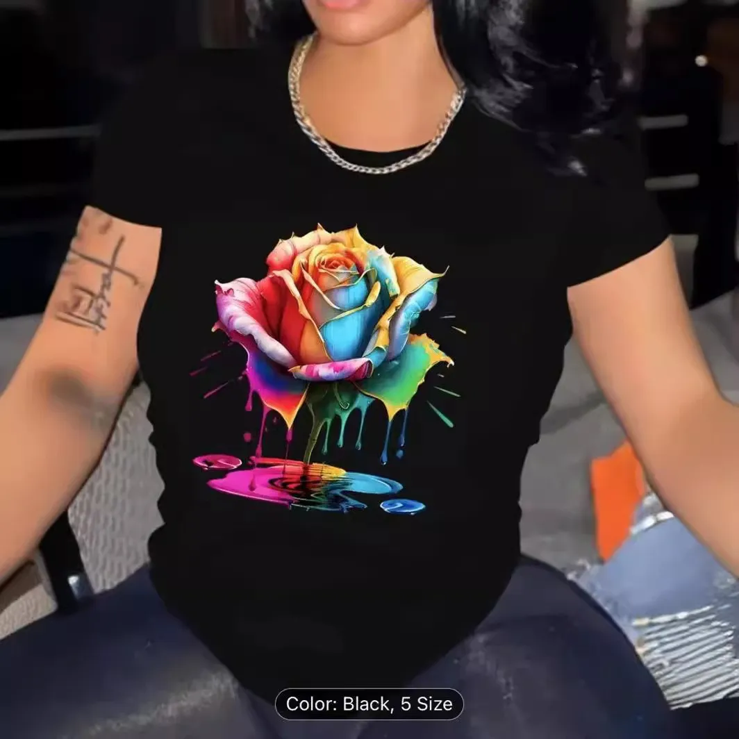 Summer Women Fashion Multicolor Floral Print Crewneck Short Sleeve T-Shirt