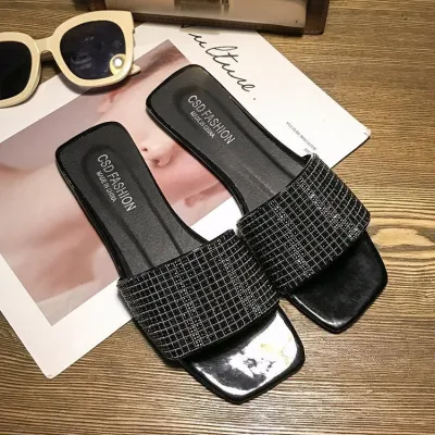 Summer Women Fashionable Plus Size Rhinestone Square Toe Flat Slippers