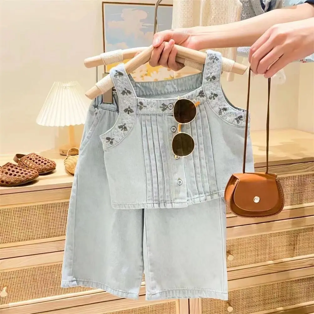Girl's Fashion Denim Tank Top And Jeans Two-Piece Set - Sleeveless Long Pants Set For Kids 3-14T
