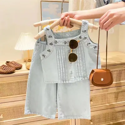 Girl's Fashion Denim Tank Top And Jeans Two-Piece Set - Sleeveless Long Pants Set For Kids 3-14T