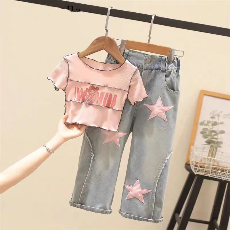 Girl'S Fashion Five-Pointed Star Jeans Two-Piece Set Short Sleeve Pullover