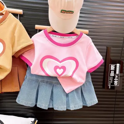 Girls Fashion Heart Print T-Shirt and Denim Skirt Two Piece Set Short Sleeve Pullover Skirt Suit