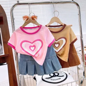 Girls Fashion Heart Print T-Shirt and Denim Skirt Two Piece Set Short Sleeve Pullover Skirt Suit