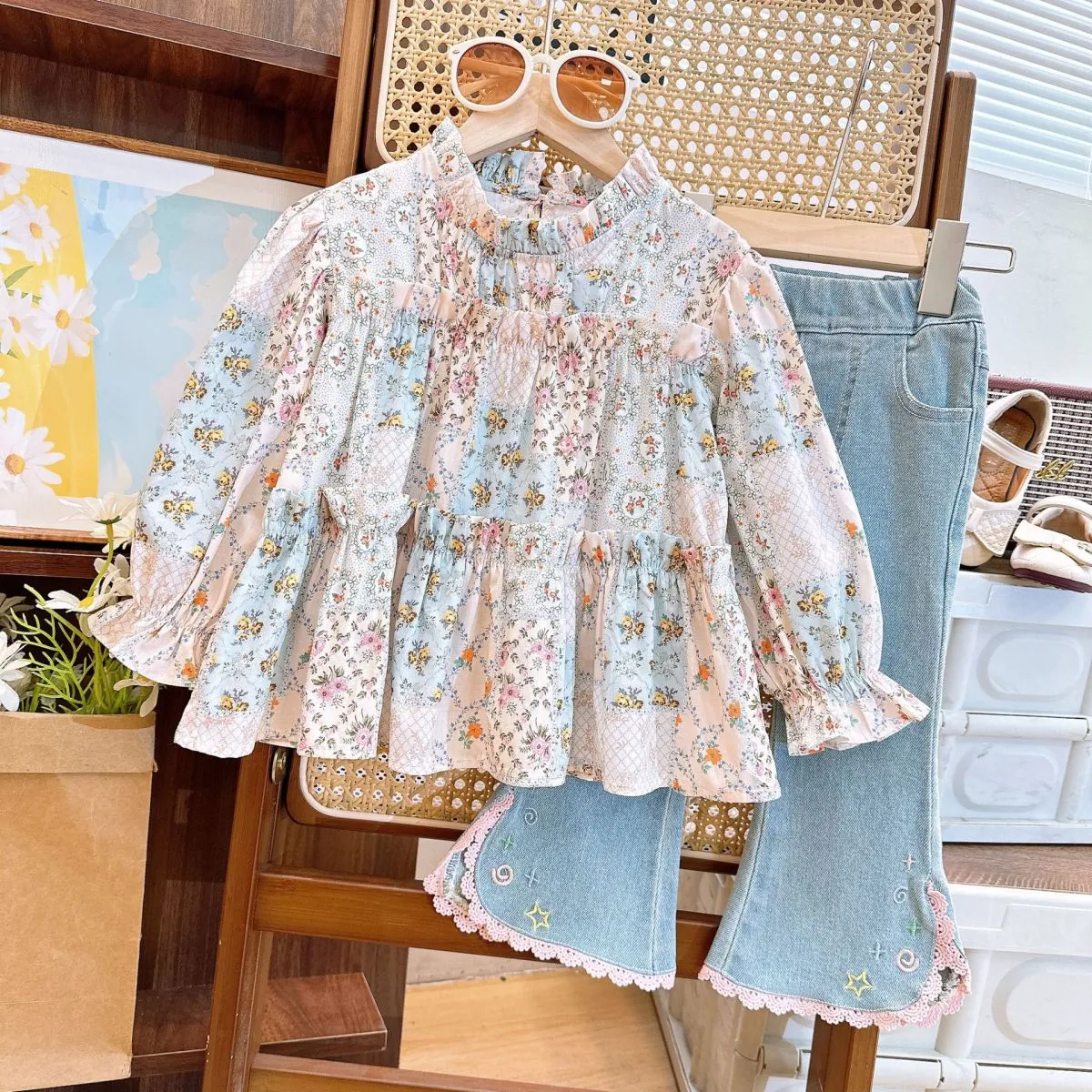 Girl's Fashion Tiny Flower Print Shirt and Jeans Two-Piece Set Long Sleeve Pullover Polyester Blend for Kids