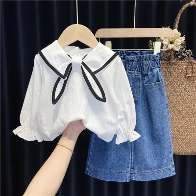 Cute Navy Collar Shirt And Jeans Two-Piece Set For Girls Kids Clothing(3-14T) Long Sleeve Pullover Chemical Fiber Blending Solid Color