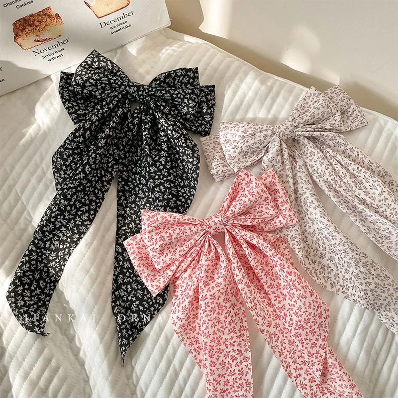 Women Fashion Tiny Flower Print Cloth Bow Spring Hairpin