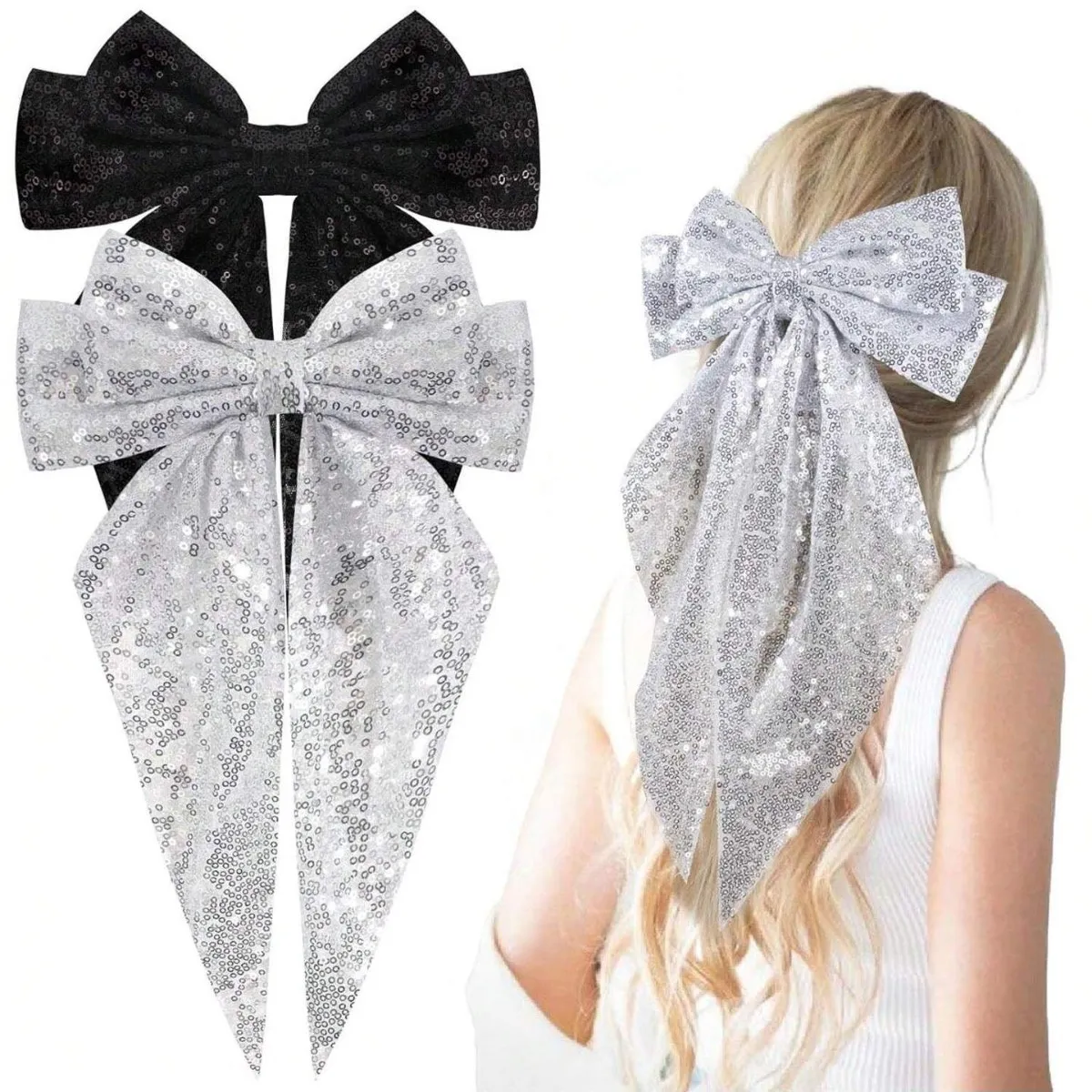 Women Fashion Sequin Oversized Bow Ribbon Hair Clip