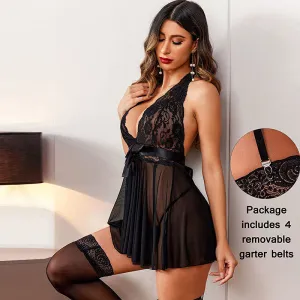 Women Sexy Solid Color Mesh Bow Neck Lingerie