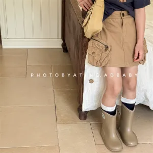 Girls Fashion Solid Color High Waist Large Pocket Cotton Skirt Shorts