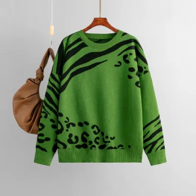 Winter Women Leopard Jacquard Pullover Knit Sweater