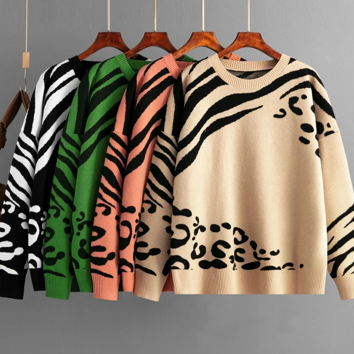 Winter Women Leopard Jacquard Pullover Knit Sweater