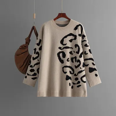 Women Winter Fashion Leopard Jacquard Loose Knit Sweater