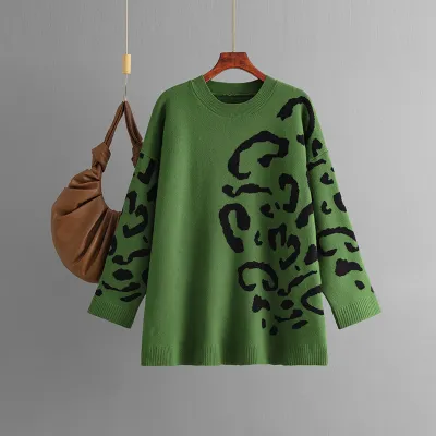 Women Winter Fashion Leopard Jacquard Loose Knit Sweater