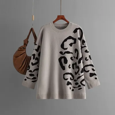 Women Winter Fashion Leopard Jacquard Loose Knit Sweater