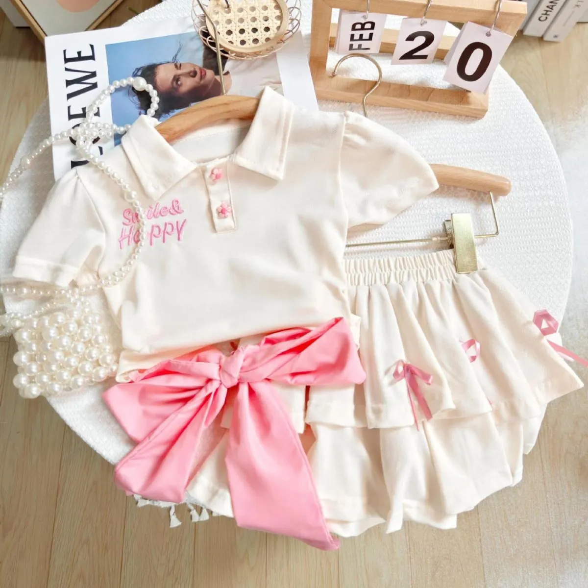 Girl's Bow Skirt Two-Piece Set for Kids Solid Color Short Sleeve Pullover