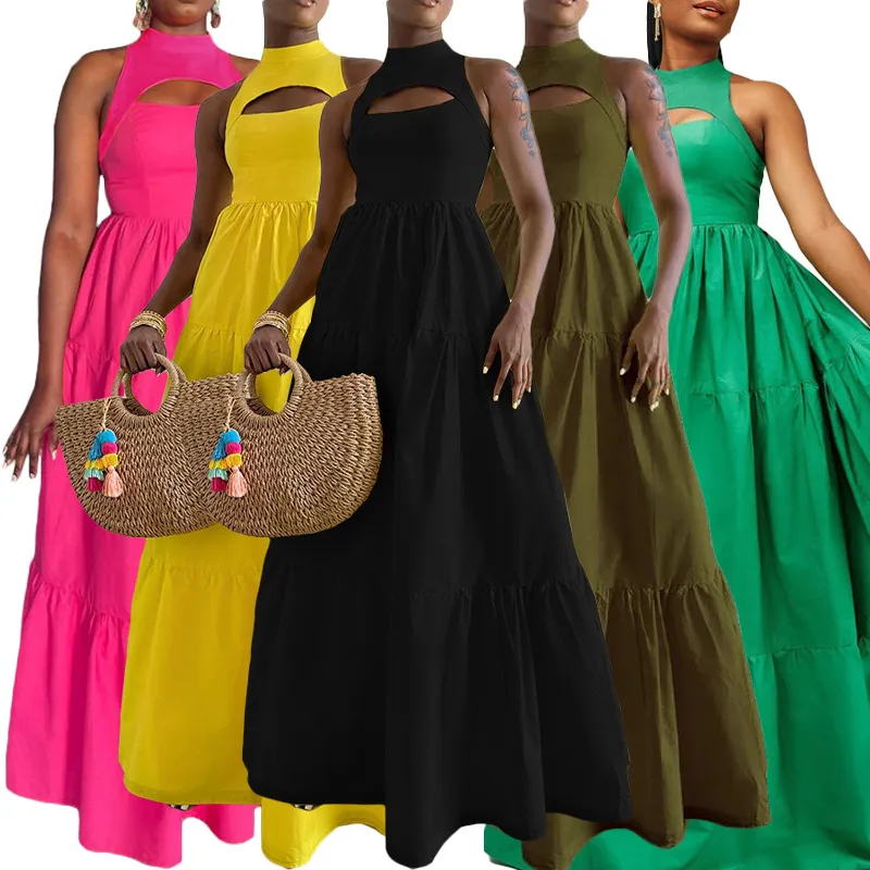 Summer Women Casual Solid Color Hollow Maxi Sleeveless Dress