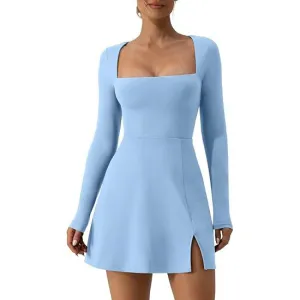 Athleisure Women Fashion Solid Color Square Collar Long Sleeve Mini Dress