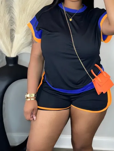 Summer Women Casual Color Block Round Neck Short Sleeve Top Shorts Two-Piece Set