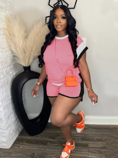 Summer Women Casual Color Block Round Neck Short Sleeve Top Shorts Two-Piece Set