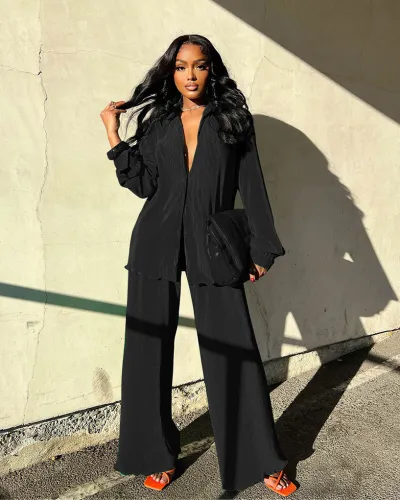 Women's Solid Color Lapel Long-Sleeved Top with Pleated Wide-Leg Pants Set