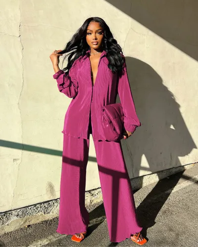 Women's Solid Color Lapel Long-Sleeved Top with Pleated Wide-Leg Pants Set