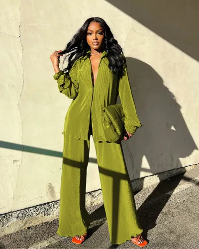 Women's Solid Color Lapel Long-Sleeved Top with Pleated Wide-Leg Pants Set
