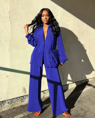 Women's Solid Color Lapel Long-Sleeved Top with Pleated Wide-Leg Pants Set