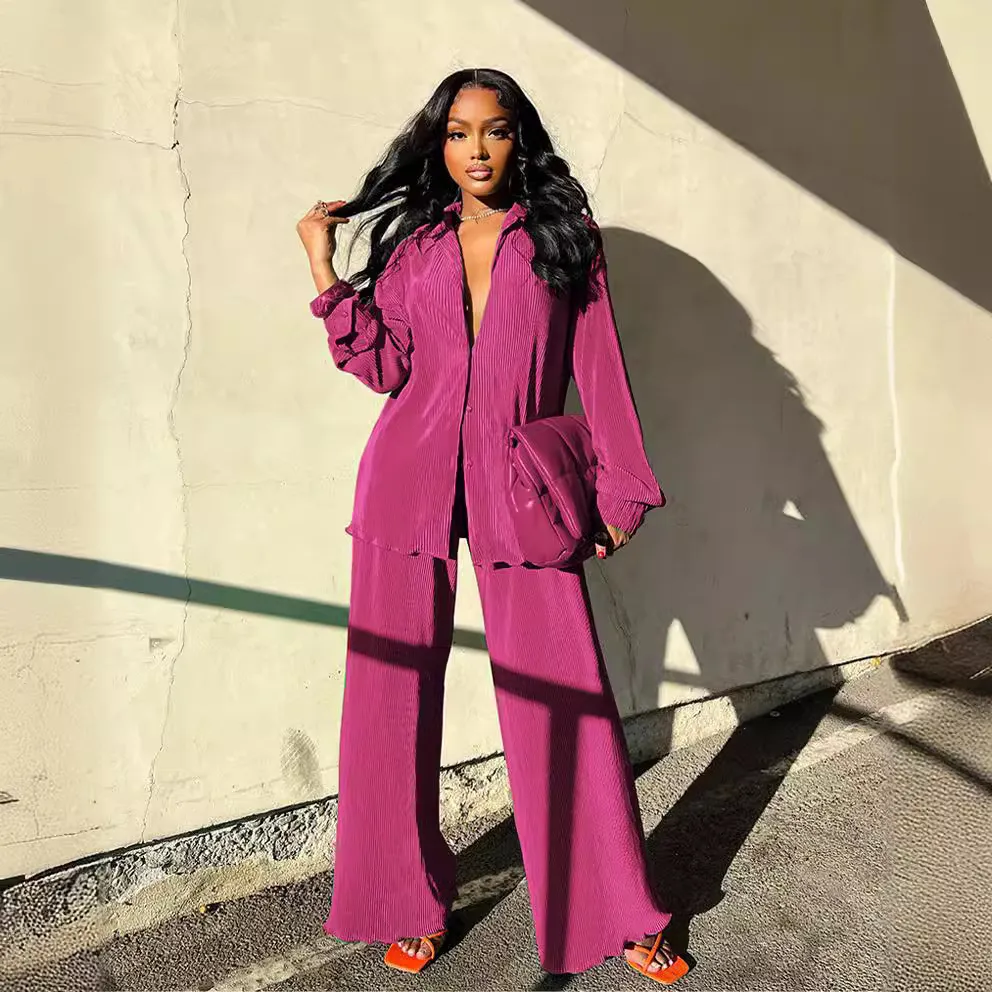 Women's Solid Color Lapel Long-Sleeved Top with Pleated Wide-Leg Pants Set