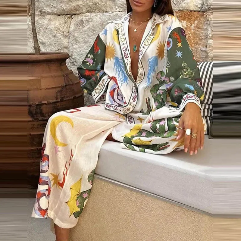 Women Fashion Casual Graphic Printed Lapel Long Sleeve Shirt Top Pants Two-Piece Set